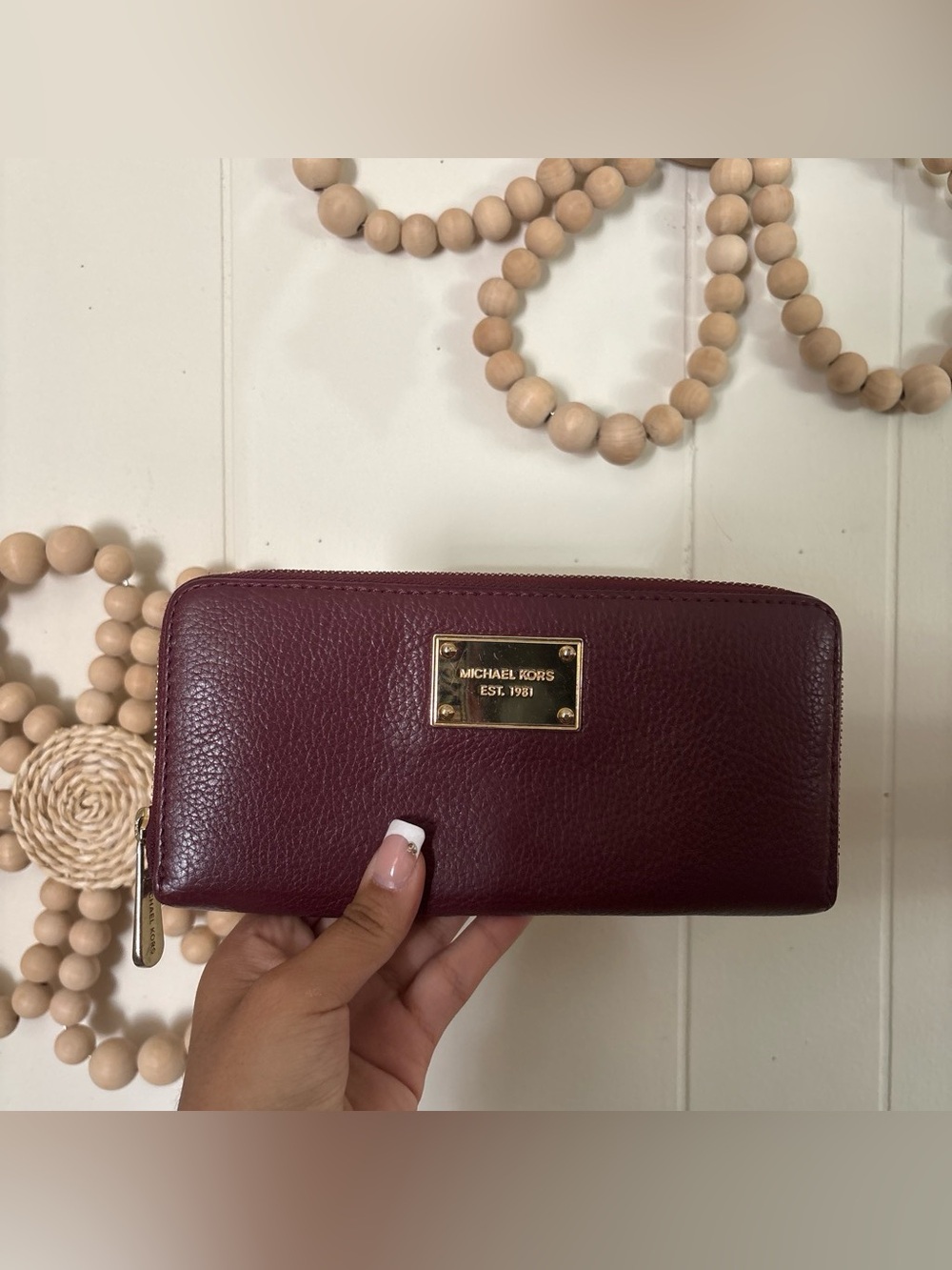 Michael Kors Wine Pebbled Leather Zip-Around Wallet with Gold Plaque